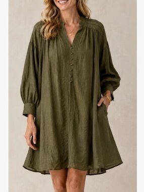 Banana Republic Linen Olive Green Long-Sleeve Button-Front Women's Tunic Dress